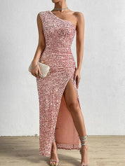 Elegante one shoulder maxi avondjurk met split en lovertjes - Adelheid Jeecey