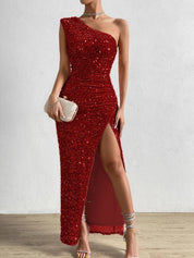 Elegante one shoulder maxi avondjurk met split en lovertjes - Adelheid Jeecey