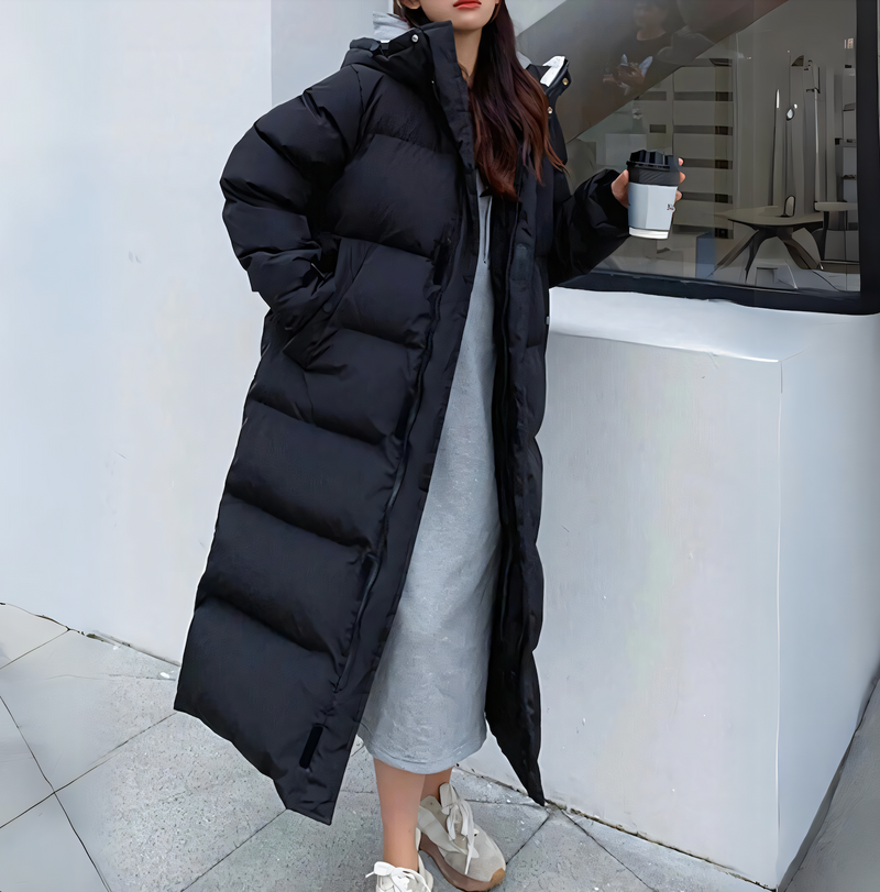 Women's Long Puffer Coat Padded Black White Lucy-melbourne