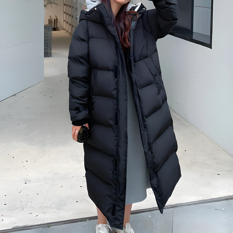 Women's Long Puffer Coat Padded Black White Lucy-melbourne