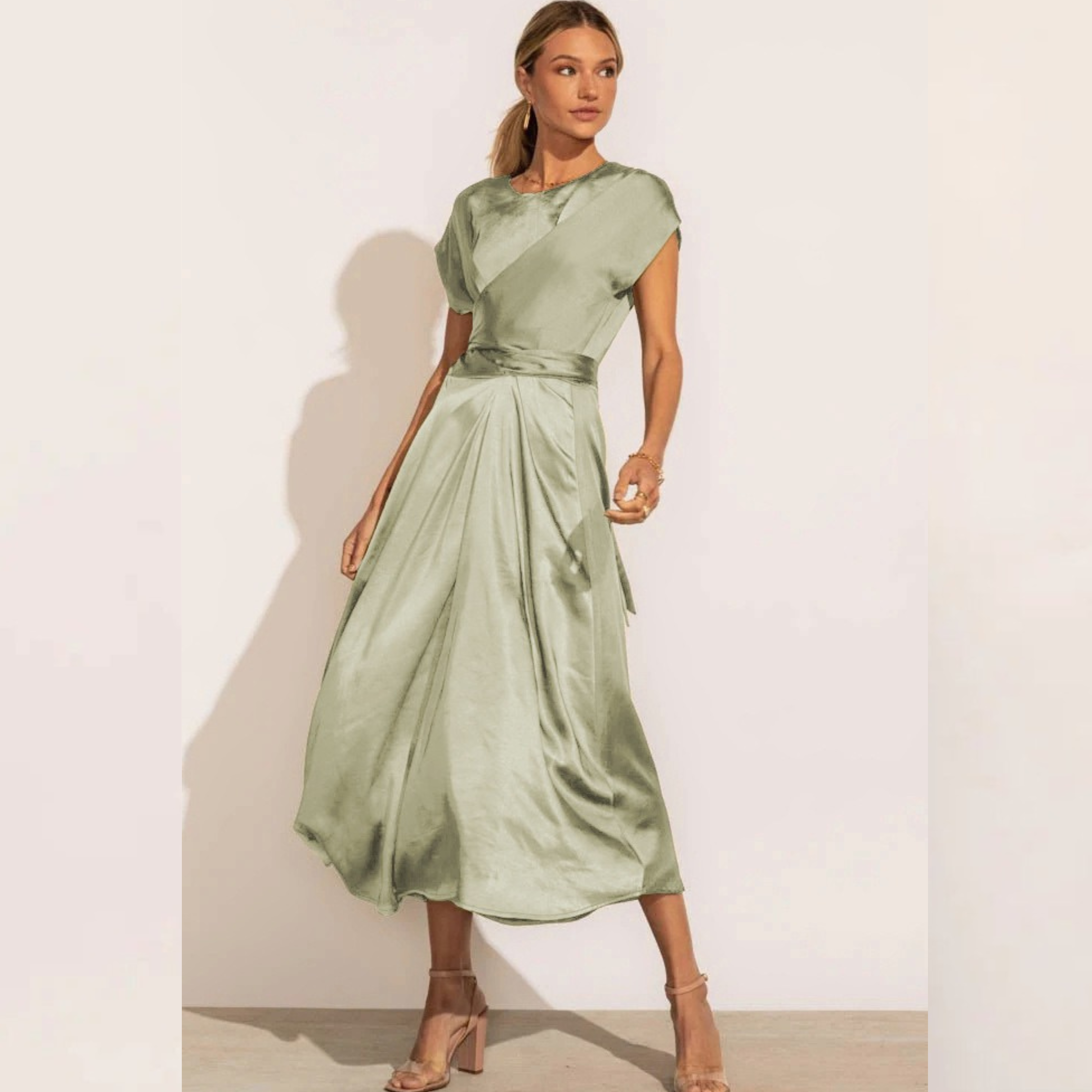 Satin Wrap Dress midi sage champagne Lucy-melbourne